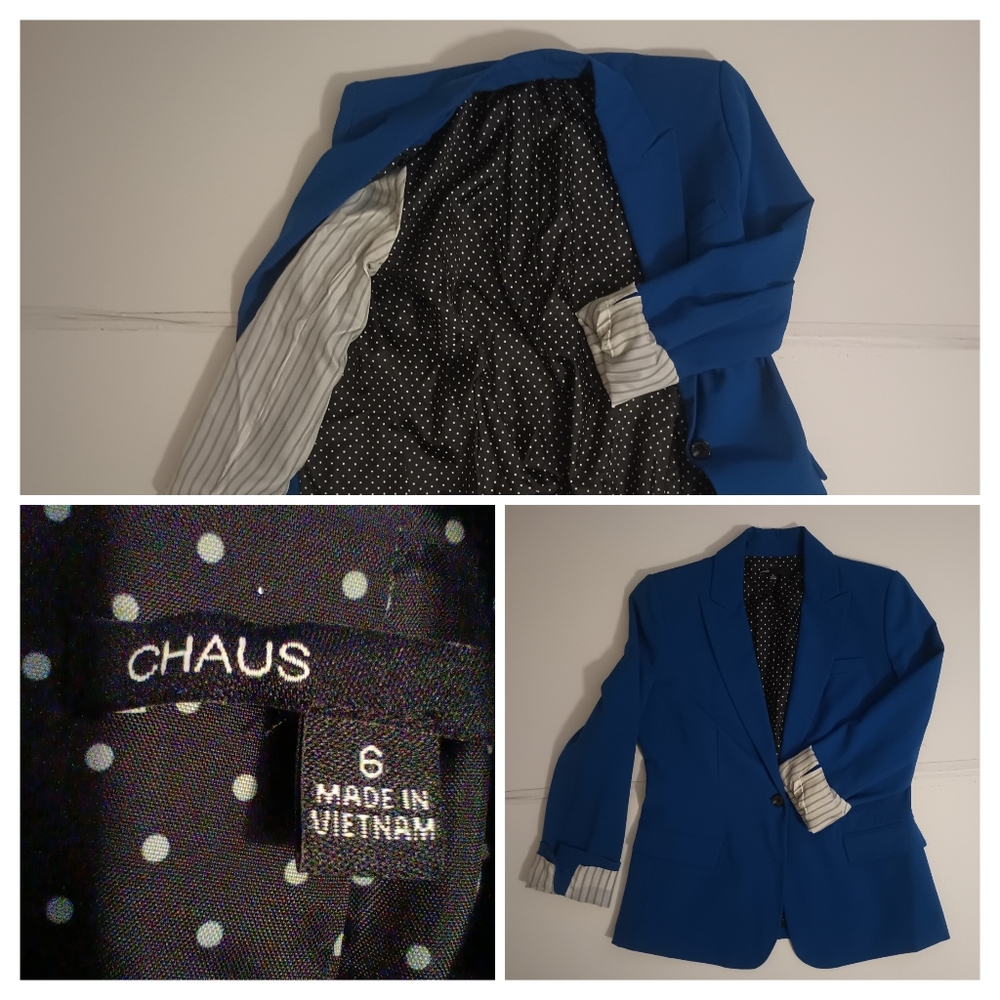 Chaus Women's Size 6 Blue Blazer Jacket with Polka Dots & Pinstripes on Lining